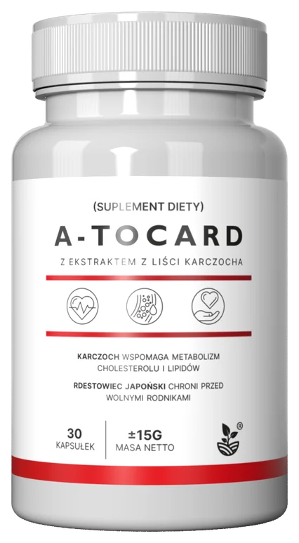 A-Tocard – biała butelka z czerwonymi paskami, suplement diety w kapsułkach z ekstraktem z liści karczocha