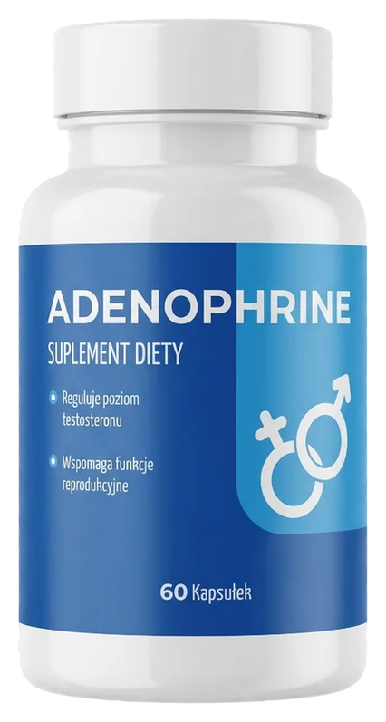 Adenophrine – biała butelka suplementu diety w kapsułkach z niebieską etykietą i symbolem płci męskiej i żeńskiej