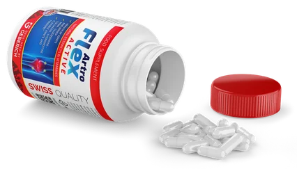 Artroflex Active – biała butelka suplementu diety z czerwoną zakrętką i wysypanymi białymi kapsułkami