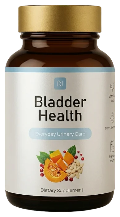 Bladder Health – brązowa szklana butelka suplementu diety w kapsułkach ze złotą zakrętką i jasną etykietą