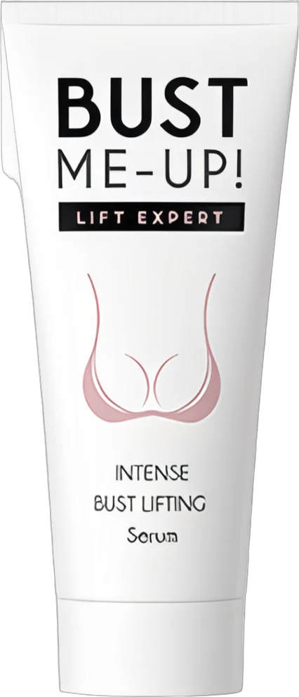 Bust Me-Up – biała tubka serum do biustu z różowym rysunkiem biustonosza i napisem Intense Bust Lifting