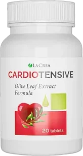 Cardiotensive – biała butelka suplementu diety, na etykiecie czerwone serce, gałązka oliwna i napis „20 tablets”