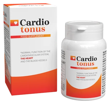 Cardiotonus – biały kartonik i słoiczek z pomarańczową falą, suplement diety w kapsułkach, zdjęcie na białym tle