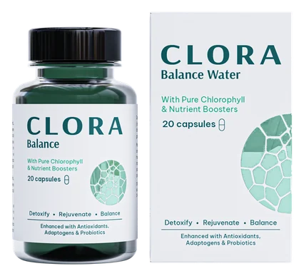 Clora Balance – ciemnozielona butelka z czarną zakrętką i biały kartonik z zielonym wzorem, opakowanie na 20 kapsułek