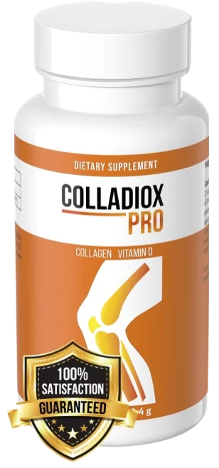 Colladiox Pro – biała butelka suplementu diety z pomarańczową etykietą, grafiką stawu kolanowego i napisem COLLAGEN VITAMIN D