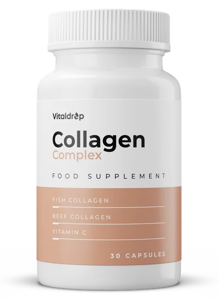Collagen Complex – biała butelka suplementu diety marki Vitaldrop, 30 kapsułek z kolagenem rybim i witaminą C