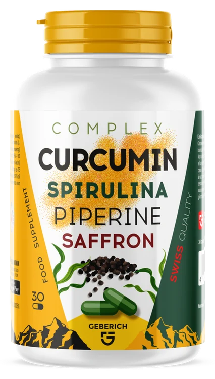 Curcuma – biała butelka z żółtą zakrętką, suplement diety w kapsułkach z kurkumą, spiruliną, piperyną i szafranem