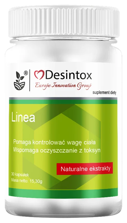 Desintox Linea – biały słoiczek suplementu diety z zielono-limonkową etykietą, 30 kapsułek, masa netto 15,30 g