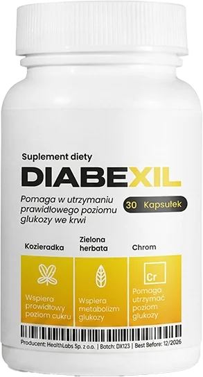 Diabexil – biała butelka suplementu diety z 30 kapsułkami, na froncie żółty pas z trzema nazwami składników