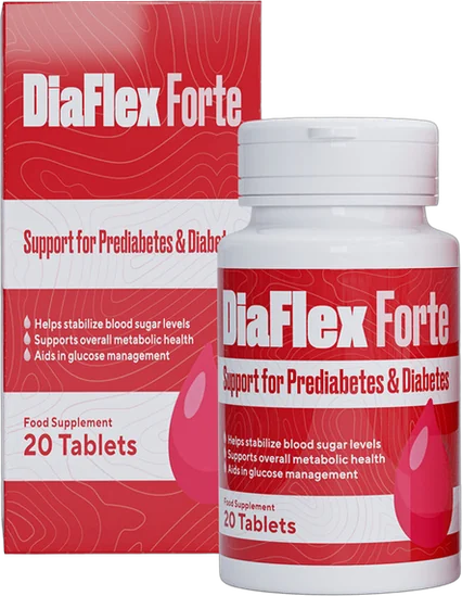 DiaFlex Forte – czerwone pudełko i biała buteleczka suplementu diety, na obu napis Food Supplement i 20 Tablets