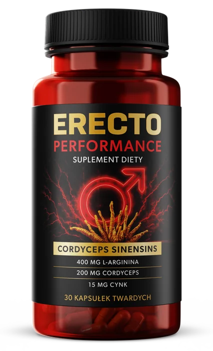 Erecto Performance – ciemnoczerwona butelka suplementu diety, 30 kapsułek twardych z L-argininą, kordycepsem i cynkiem