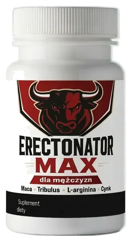 Erectonator Max – biały słoik suplementu diety w kapsułkach, na etykiecie czerwona tarcza z głową byka