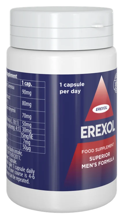 Erexol – granatowy kartonik i biała butelka suplementu diety w kapsułkach, obok kilka brązowych kapsułek