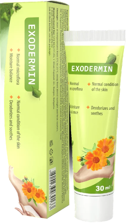 Exodermin – żółto-zielona tubka kremu do stóp 30 ml obok pionowego kartonika tej samej marki