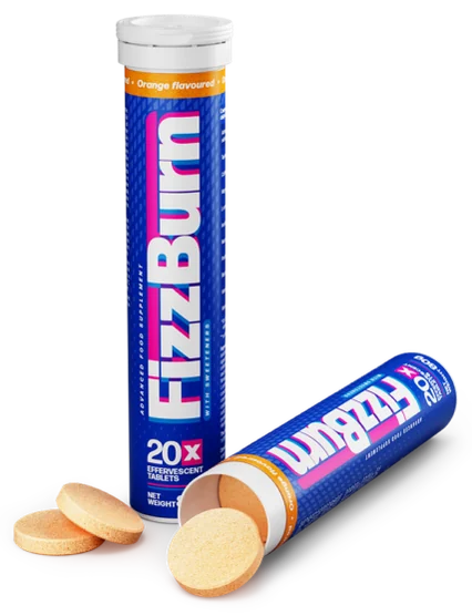 Fizzburn – niebieska tuba z tabletkami musującymi o smaku pomarańczowym, obok dwie okrągłe tabletki