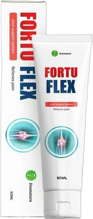Fortuflex – biała tubka 50 ml i kartonik z grafiką stawu kolanowego, napisy „joint support system” i „50ML”