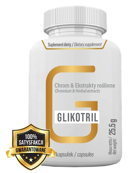 Glikotril – biała butelka suplementu diety w kapsułkach z napisem „Chrom & Ekstrakty roślinne” i masą netto 25,5 g