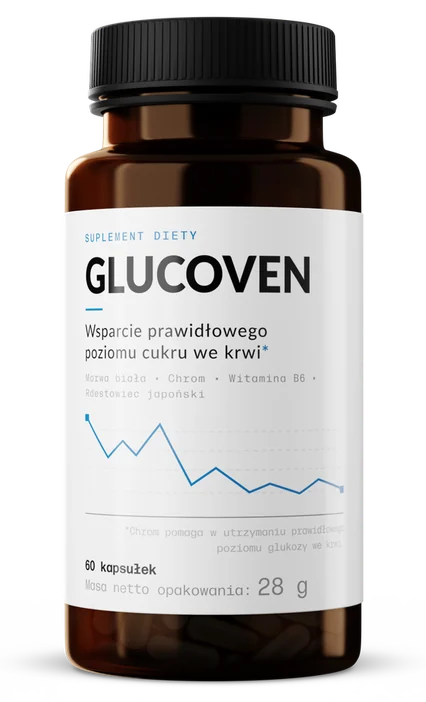 Glucoven – brązowa butelka suplementu diety w kapsułkach, biała etykieta z wykresem, czarna zakrętka, 60 kapsułek