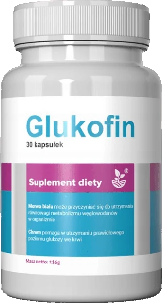 Glukofin – biała butelka suplementu diety w kapsułkach, na etykiecie napisy „30 kapsułek” i „Suplement diety”