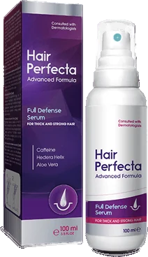 HairPerfecta – fioletowy kartonik i biała butelka z atomizerem, etykieta Full Defense Serum, pojemność 100 ml