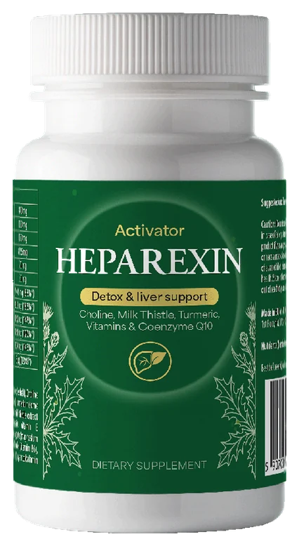 Heparexin – biała butelka z ciemnozieloną etykietą, rysunkami ostropestu i złotym paskiem „Detox & liver support”