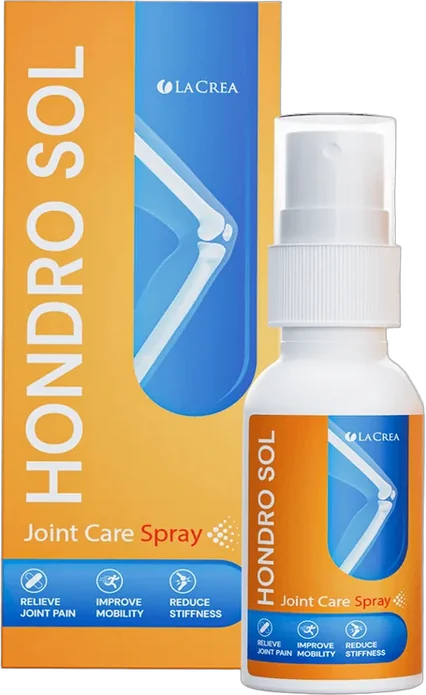 Hondro Sol – biała butelka ze sprayem z pompką obok pomarańczowo-niebieskiego kartonika z napisem Joint Care Spray