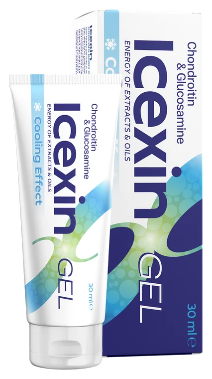Icexin – biała tubka chłodzącego żelu oparta o granatowo-białe pudełko z napisem GEL i pojemnością 30 ml