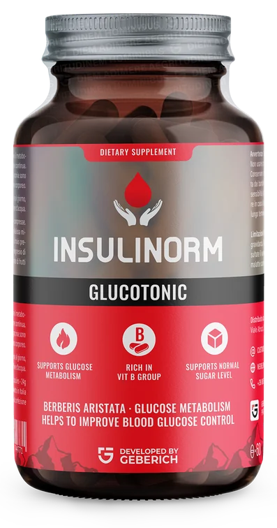 Insulinorm – ciemna szklana butelka suplementu diety w kapsułkach, czerwono-szara etykieta z napisem Glucotonic