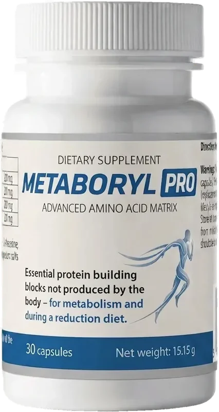 Metaboryl Pro – biały słoiczek suplementu diety w kapsułkach, na niebiesko-kremowej etykiecie sylwetka biegnącej postaci