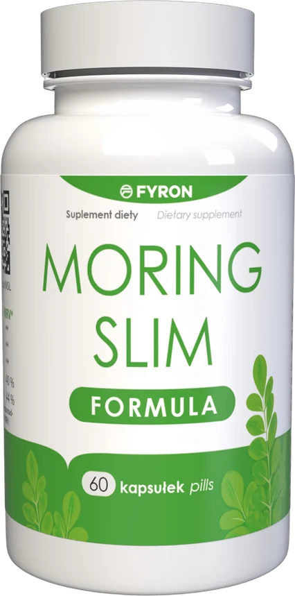 Moring Slim – biała butelka suplementu diety marki FYRON z zieloną etykietą, opakowanie na 60 kapsułek