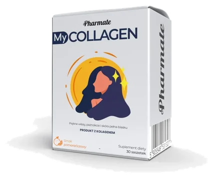 My Collagen – jasny kartonik suplementu diety w saszetkach, z ilustracją kobiety i napisem „PRODUKT Z KOLAGENEM”