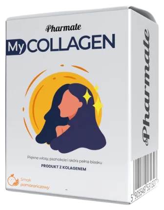 My Collagen – biały kartonik Pharmate z ilustracją kobiety, napisem „PRODUKT Z KOLAGENEM” i kodem kreskowym na boku