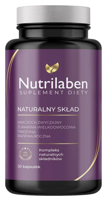 Nutrilaben — czarny słoik suplementu diety ze srebrną zakrętką i fioletową etykietą, na niej napis 30 kapsułek