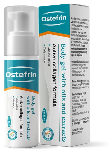 Ostefrin – biała butelka z pompką obok turkusowo-białego kartonika z logo marki i opisem żelu do ciała, 25 ml