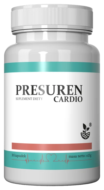 Presuren Cardio – biała butelka suplementu diety z turkusowo-miedzianymi pasami i czerwoną linią EKG na etykiecie