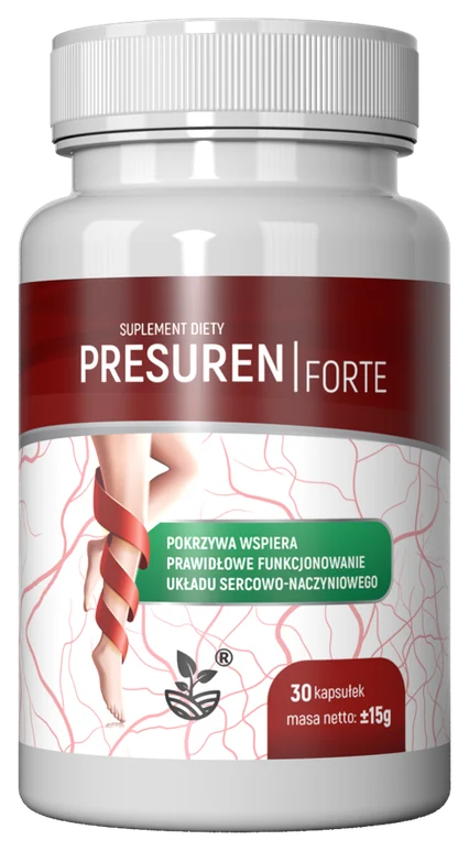Presuren Forte – biała butelka suplementu diety, na etykiecie grafika nóg z siatką naczyń i czerwoną wstęgą