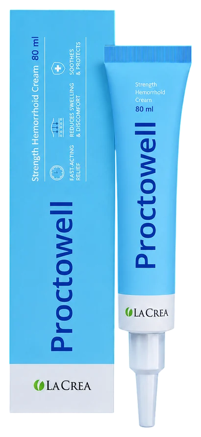 Proctowell – niebieskie kartonowe pudełko i niebieska tubka kremu 80 ml z białą końcówką i logo La Crea