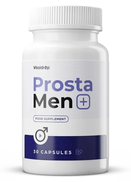 ProstaMen+ – biała butelka suplementu diety marki Vitaldrop, 30 kapsułek, granatowy pasek na etykiecie