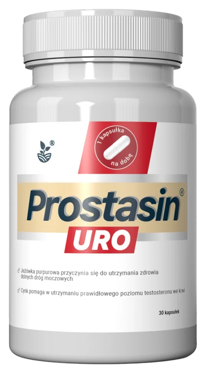Prostasin Uro – biała plastikowa butelka suplementu diety w kapsułkach, z czerwono-złotą etykietą i adnotacją 30 kapsułek
