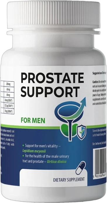 Prostate Support – biały słoiczek suplementu diety w kapsułkach, zielono-granatowa etykieta z napisem FOR MEN