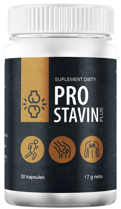 Prostavin Plus – biały słoiczek suplementu diety z ciemną etykietą, napisy „30 kapsułek” i „17 g netto”