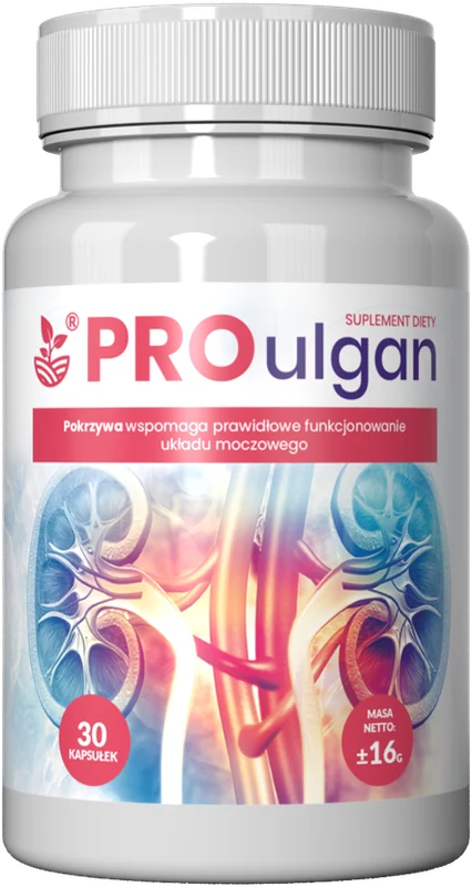 Proulgan – biała butelka suplementu diety w kapsułkach, różowo-biała etykieta z grafiką nerek, 30 kapsułek