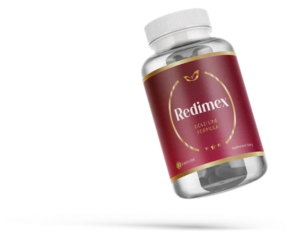 Redimex – butelka suplementu diety w kapsułkach, bordowa etykieta ze złotymi zdobieniami, 30 kapsułek
