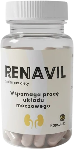 Renavil – przezroczysty słoiczek z białą zakrętką i kremową etykietą z żółtym symbolem nerek, w środku beżowe kapsułki