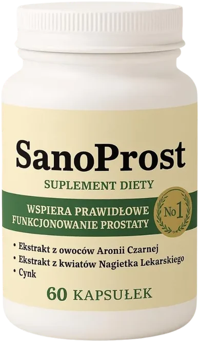 SanoProst – biała butelka suplementu diety z kremowo-zieloną etykietą, 60 kapsułek z cynkiem, aronią i nagietkiem