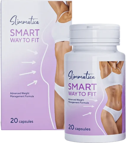Slimmatica – biało-fioletowy kartonik i butelka kapsułek z napisem „20 capsules”, z fotografią sylwetki na froncie