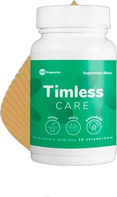 Timless Care – biała butelka suplementu diety z zieloną etykietą, napisem „10 Kapsułek” i trzema ikonami