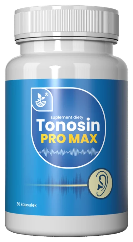 Tonosin Pro Max – biała butelka suplementu diety z niebieską etykietą, piktogramem ucha i napisem 30 kapsułek
