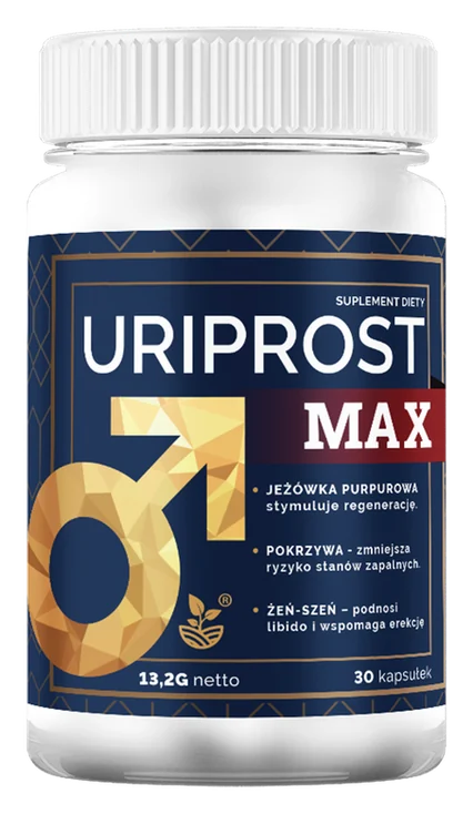 Uriprost Max – biała butelka suplementu diety z granatowo-złotą etykietą, złotym symbolem Marsa i oznaczeniem 30 kapsułek