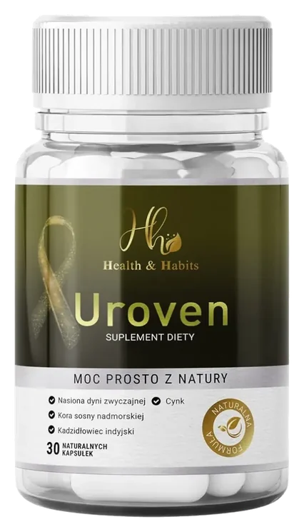 Uroven – ciemnozielona butelka suplementu diety Health & Habits z białą zakrętką, na etykiecie oznaczenie 30 kapsułek